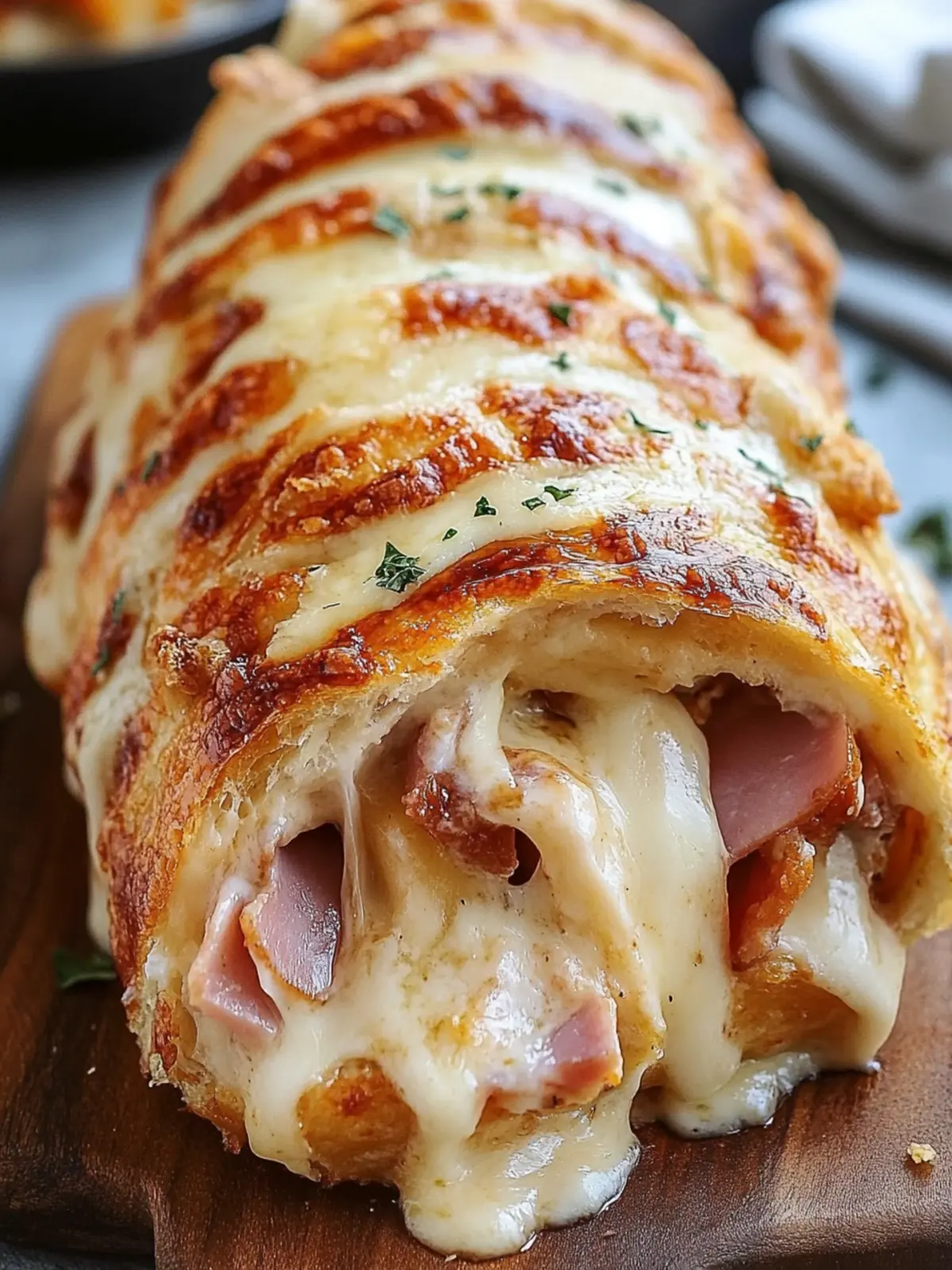 Mouthwatering Chicken Cordon Bleu Stromboli with Crispy Ham 2 Delicious Chicken Cordon Bleu Stromboli with Crispy Ham and Melted Cheese
