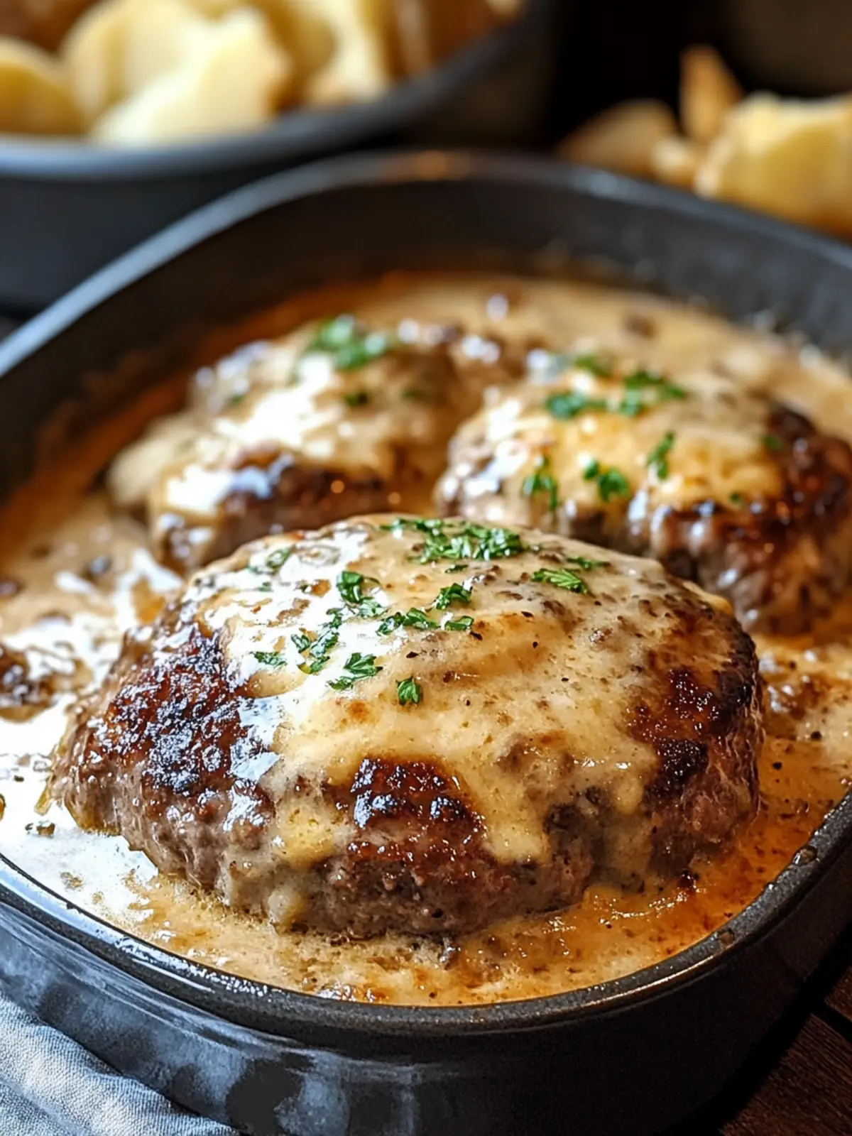 Savory Amish Hamburger Steak Bake with Creamy Pepper Gravy 4 AMISH HAMBURGER STEAK BAKE WITH CREAMY PEPPER GRAVY