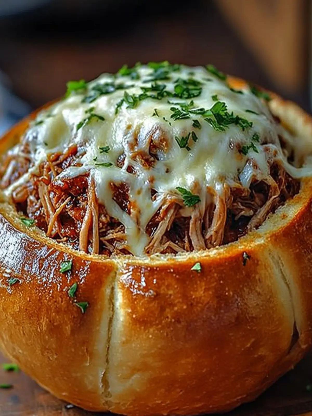Delicious BBQ Pulled Pork in a Melty Mozzarella-Stuffed Bread Bowl