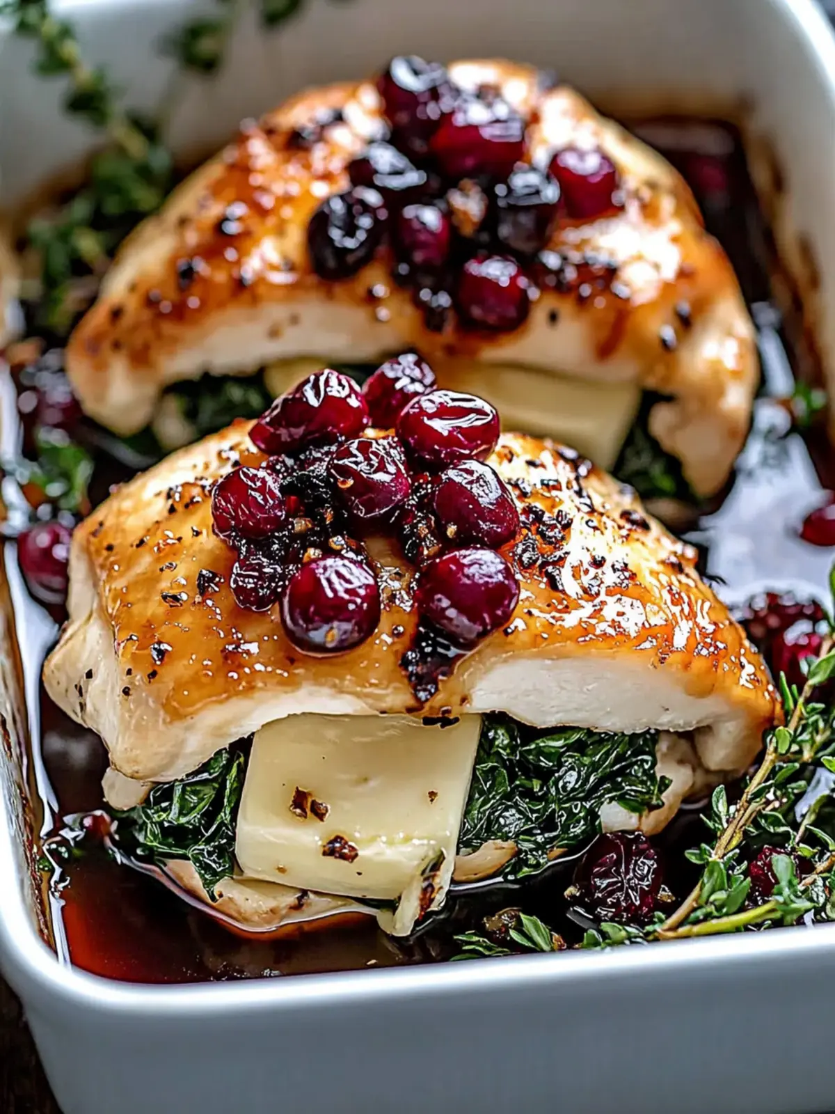 Golden Stuffed Chicken with Brie, Spinach, Cranberries & Honey-Balsamic Glaze