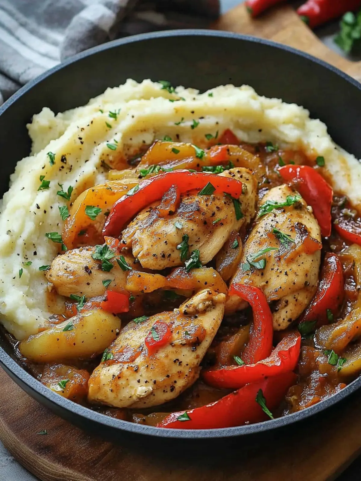 Spicy Garlic Chicken & Pepper Skillet with Creamy Mashed Potatoes