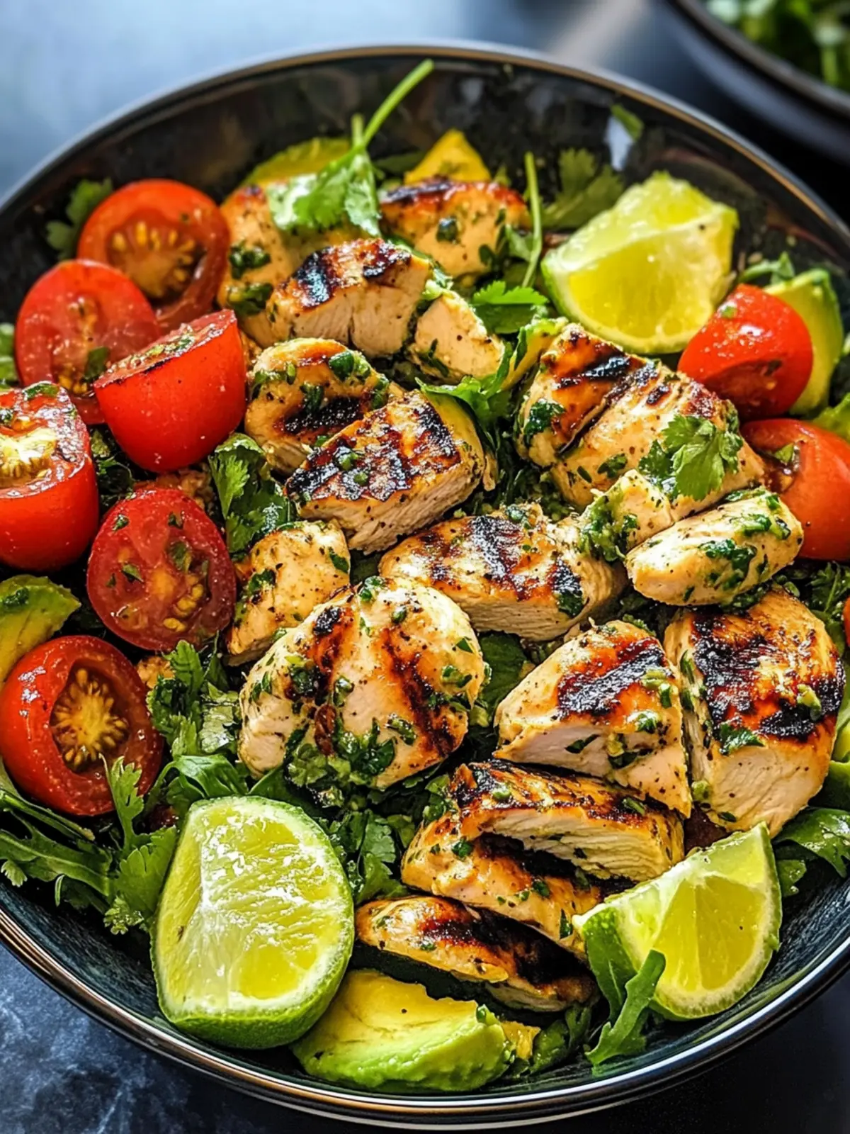 GRILLED CHICKEN AVOCADO SALAD WITH CILANTRO LIME DRESSING