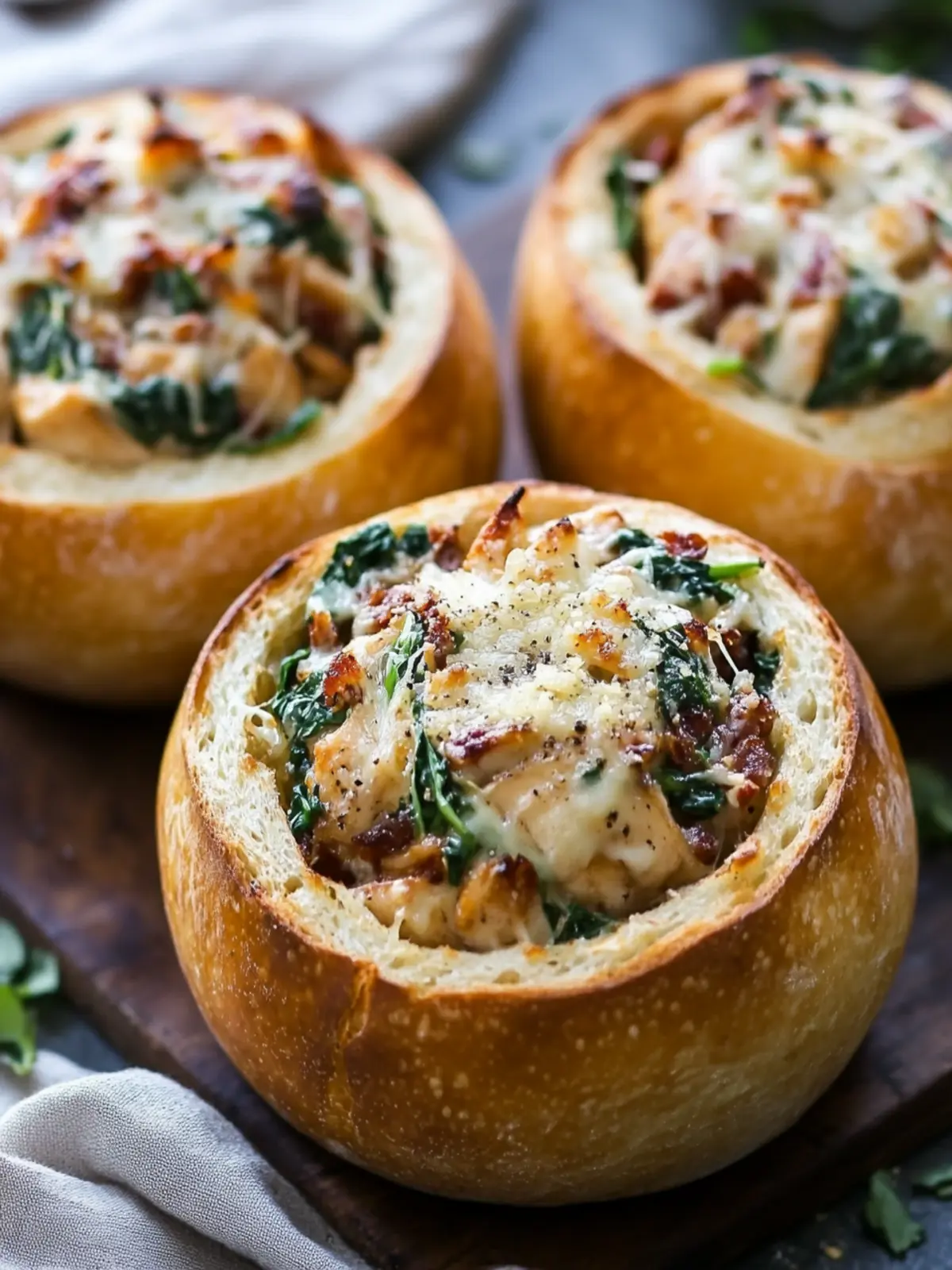 BREAD BOWLS FILLED WITH CREAMY GARLIC PARMESAN CHICKEN, SPINACH & SUN DRIED TOMATOES