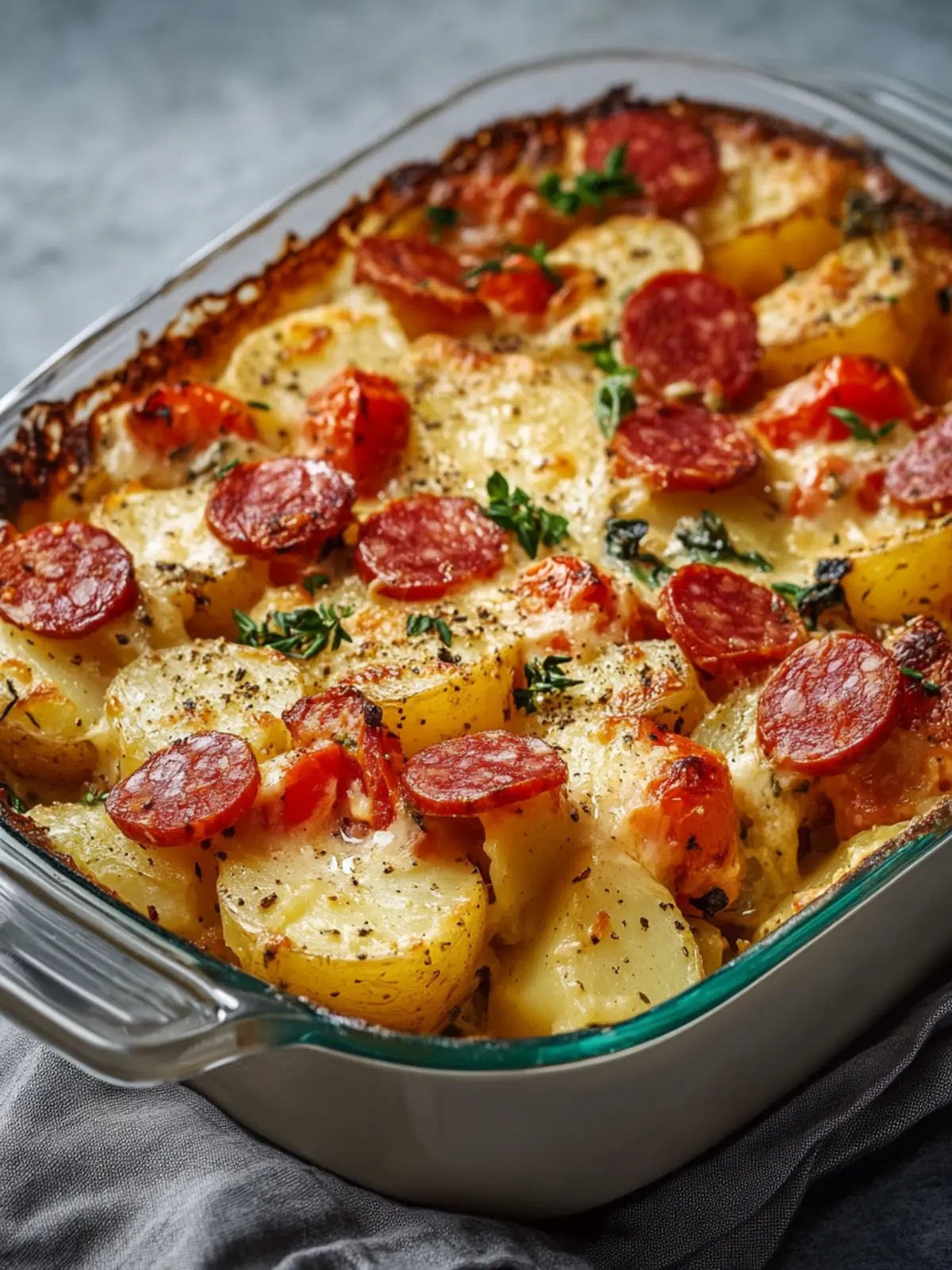 Comforting Baked Potato and Vegetable Casserole with Salami 2 Baked Potato and Vegetable Casserole with Smoked Salami and Creamy Tomato Sauce